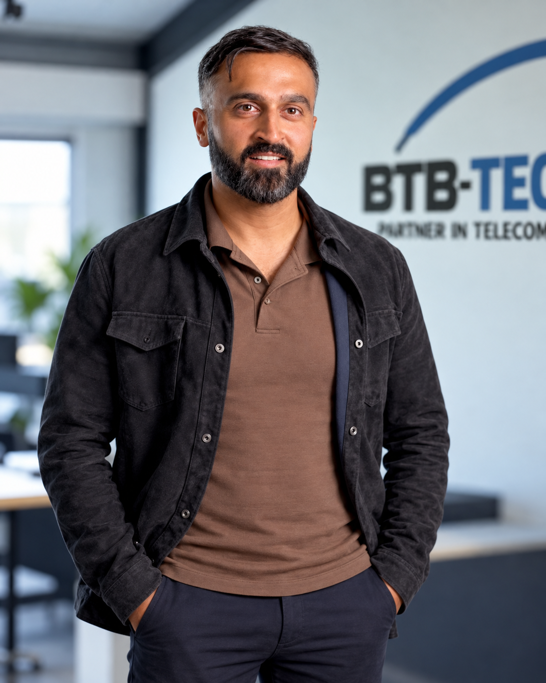 Hussain Almushat, directeur van BTB-Tech, voor de logowand op het hoofdkantoor